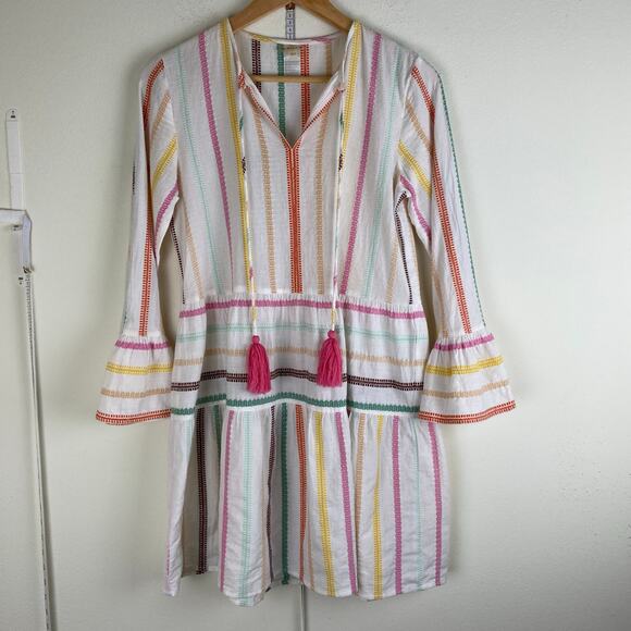 PilyQ Morgan Stripe Mini Dress Size XS/S White Pink Multi Long Sleeves Cover Up - Picture 8 of 14
